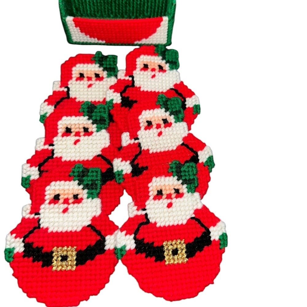 Set of 6 Vintage Handmade Plasticanvas Santa Claus Drink Coasters in Holder - Picture 2 of 3